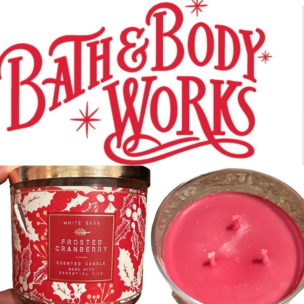Bath and Body Works 3 Wick Candle Frosted Cranberry, New With Cosmetic Flaws.